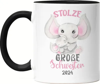 Produktbild von Stolze Große Schwester 2024 Tasse Schwarz Elefanten Liebe Familie Schwestern Zusammenhalt Geschwister Geborgenheit
