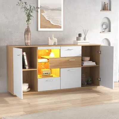 Produktbild von MODFU Sideboard -Schrank mit viel Stauraum, mit LED-Beleuchtung, (160 B x 40 T x 77 H(cm) Natur+Weiß), Wohnzimmermöbel, Mehrzweckschrank