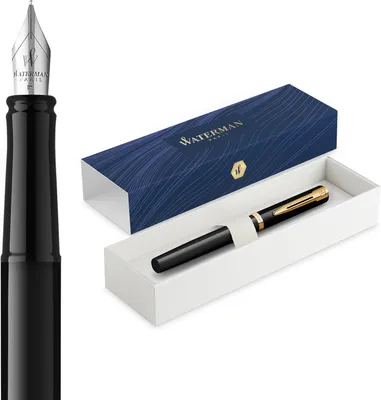 Productafbeelding van Waterman Impression Vulpen - Fijn vulstuk met blauwe inktvulling - Zwarte lak met goudkleurige afwerking - Geschenkdoos