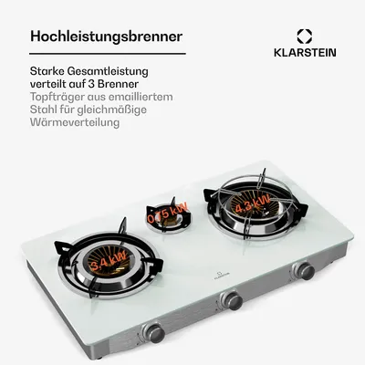 Produktbild von Klarstein Barzona Gaskochfeld, 3-Brenner Edelstahl & Glas, 8,45kW, Tragbarer Campingkocher mit Piezo-Zündung & Flammenausfallsicherung, Komplettset mit Schlauch & Regler