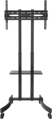 A black TV stand with wheels and a shelf.