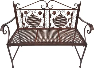 A brown metal garden bench with decorative scrollwork and floral motifs.
