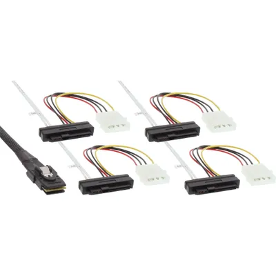 Produktbild von InLine SAS Anschlusskabel, Mini-SAS SFF-8087 an 4x SAS + Strom, 0,75m, 0,75 m, Mini SAS SFF-8087 male, SFF-8482, Stecker/Buchse, Mehrfarbig, 80 g