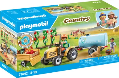 A Playmobil Country tractor set with a trailer and water tank, shown on its packaging.