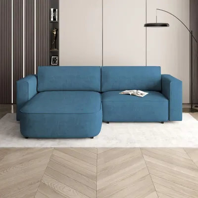 Produktbild von Ecksofa CARLOS Dunkelblau, L-Form - mit Schlaffunktion, Bettkasten & universeller Ottomane