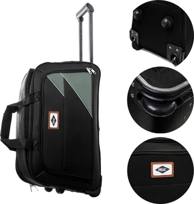 A collage of images showing a black trolley travel bag from different angles, including close-ups of the wheels, handle, and a logo.