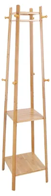 Image de Porte-manteau autoportant en bambou - Support à chapeaux et vêtements pour entrée - Étagère à 2 niveaux - 8 crochets - Design moderne - Bois naturel