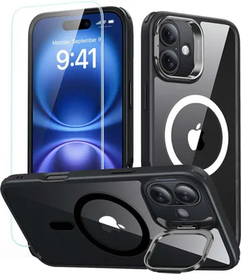 Imagen del producto de Funda ESR Classic Hybrid con soporte abatible, sistema Halolock, imanes MagSafe y protección de vidrio templado para iPhone 16, color transparente/