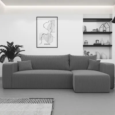 Produktbild von Ecksofa L-Form Castelo Poso 34 Graphit Cord mit Schlaffunktion und Bettkasten