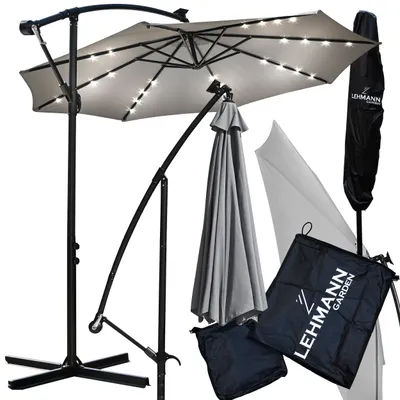 Zdjęcie produktu dla Parasol ogrodowy LEHMANN FLASH z lampkami solarnymi, składany 350 cm średnicy, kolor szary, mozliwość regulacji konta nachylenia, z pokrowcem