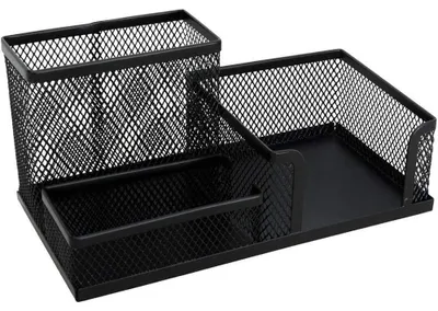 Produktbild von Stiftehalter aus Drahtmetall, Schreibtisch Organisation mit Stifthalter und Aufbewahrungskörben für Zuhause und Büro, 3 Fächer, Schwarz