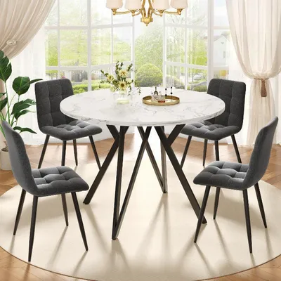 Image de Table ronde pour 4 personnes, avec plateau en MDF imitation marbre et pieds en métal noir, dimensions 100x100 cm