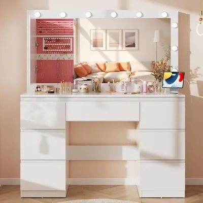 Produktbild von Schminktisch mit LED-Beleuchtung, 7 Schubladen, Schmuckschrank, Steckdosen, 120x40x140cm, Weiß