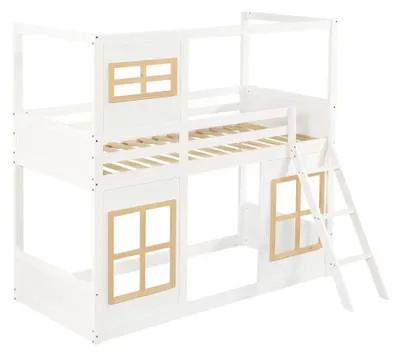 Immagine prodotto di Letto a castello per bambini - Letto a castello - 90 x 200 cm - Realizzato in legno massello e MDF - Scala robusta - Ringhiera di sicurezza - Finestra decorativa - Bianco/Naturale