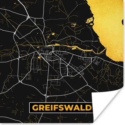 Produktbild von MuchoWow® Poster Deutschland - Schwarz und Gold - Greifswald - Stadtplan - Karte 75x75 cm - Wand Dekoration