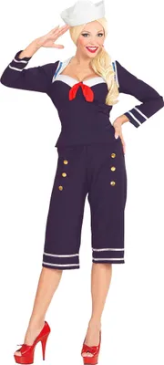 A woman in a sailor costume posing.