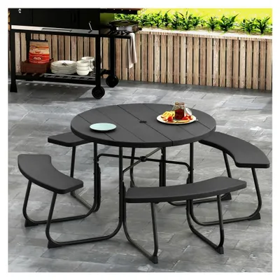 Produktbild von Gartenmöbel Picknicktisch Set für 8 Personen, runder Gartentisch mit 4 Bänken, Biertisch mit Schirmloch, wetterfeste Garten Sitzgruppe aus HDPE