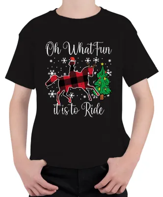Produktbild von Oh What Fun Tis To Ride Weihnachten Pferd Rentier Buffalo Plaid Kinder T-Shirt, Schwarz, 128