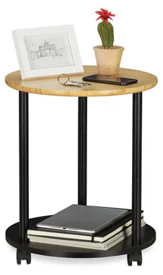 Runder Beistelltisch mit Rollen, Bambus, 49x40 cm, schwarz/natur