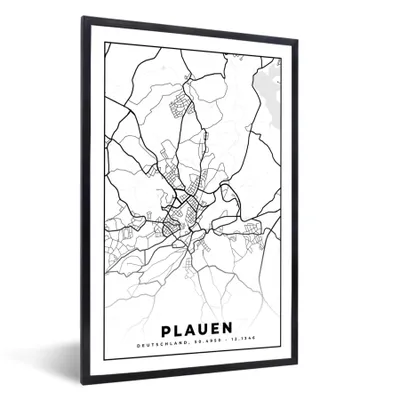 Produktbild von MuchoWow® Gerahmtes Poster Plauen - Karte - Stadtplan 20x30 cm - Poster mit Schwarzem Bilderrahmen Wandposter Rahmen Foto Bilder - Drucken - Bilder Poster im Rahmen