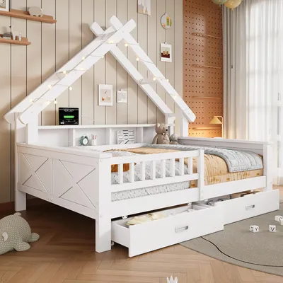 Image de OKWISH Lit Banquette 140x200 cm - Lit Double Forme Maison avec LED, 2 Tiroirs et Compartiments, Barrière de Sécurité, MDF Blanc, sans Matelas