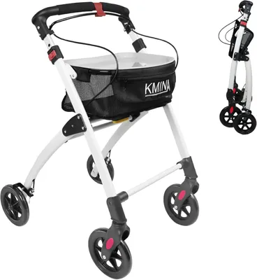 Imagen del producto de Andador plegable de 4 ruedas, ligero, para adultos, apto para uso en interiores y exteriores, con cesta grande, diseño compacto en altura, color