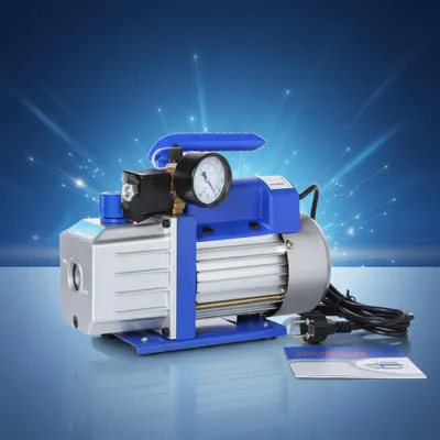 A vacuum pump with a pressure gauge is shown against a blue, abstract background with light streaks.