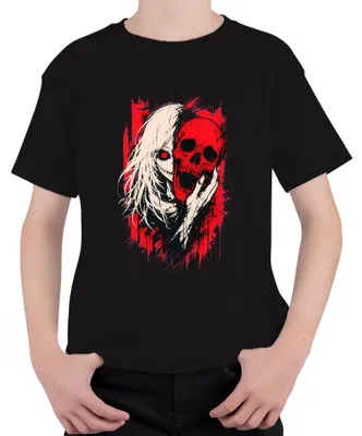 Produktbild von Horror Anime Girl Roter Totenkopf Skull Gothic Grunge Japan Manga Kinder T-Shirt, Schwarz, 140