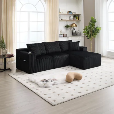 Produktbild von LVHOM Modulares Sofa mit Schlaffunktion, Ecksofa mit Cordbezug, 3 Sitzer mit Kissen, Schlafsofa ohne Montage, Loungesofa 257x80x160cm, Schwarz