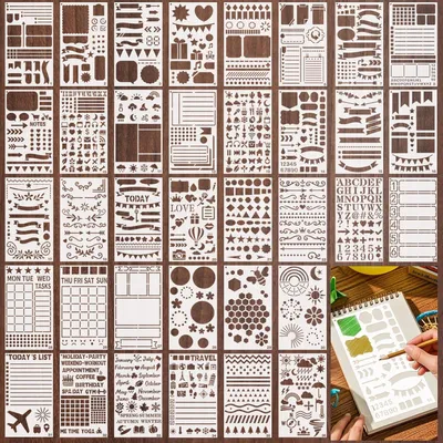 Produktbild von Bullet Journal Schablonen Set 36 Stück, wiederverwendbarer Kunststoff, Buchstaben Zahlen Banner, für Planer