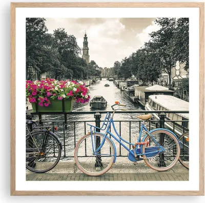 Produktbild von Gerahmtes Poster - Rahmen in heller Eiche - Amsterdam Fahrräder Brücke - 60x60 cm - Wand Bild - Wanddeko - Wandbilder - Kunstposter - Wandposter - Bilderrahmen - Bilder - Kunstdruck - P2NAC60x60-4503