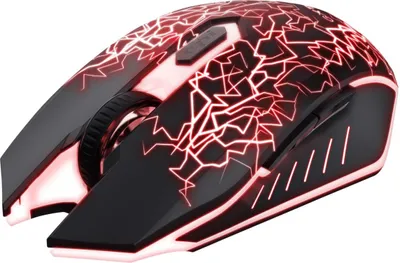 A black and red gaming mouse with a lightning pattern.