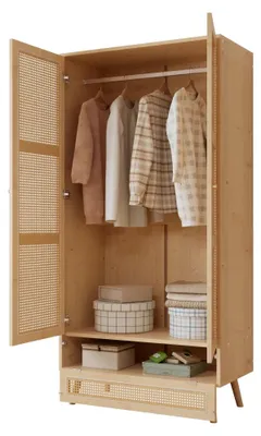 Image de Armoire - Armoire à deux portes - Penderie - Design en rotin PE - Couvercle rabattable - Structure en panneaux de particules - Aspect bois naturel - Chambre à coucher