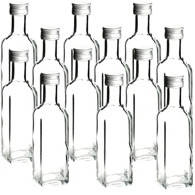 Produktbild von gouveo 12er Set Glasflasche 100 ml Maraska mit Schraubverschluss silberfarben - Kleine Flasche 0,1 l zum Befüllen mit Likör, Öl, Essig