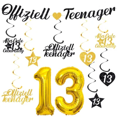 Image de Décorations pour fête d'anniversaire : 13 ans, pour garçons et filles, guirlande, ballons, noir et or
