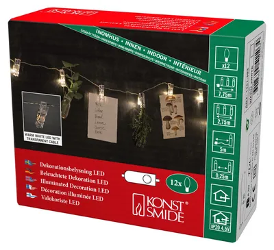 Produktbild von Konstsmide LED Lichterkette, mit Fotoclips, 12 warm weiße Dioden, 4.5V Innentrafo, transparentes Kabel - 1451-103
