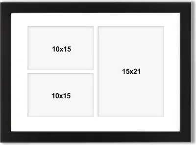 Produktbild von aFFa frames Tisar, Bilderrahmen aus Holz, Acrylglasfront, Mehrfach Bilderrahmen, Bildergalerie, Fotogalerie mit Passepartout, 3 Foto-Ausschnitten für 2 Fotos 10x15 cm und 1 Foto 15x21 Schwarz, 30x40 cm