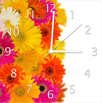 Produktbild von Wallario Design Wanduhr Bunte Gerberas - pinke, gelbe, rote und weiße Blüten aus Echtglas, Größe 30 x 30 cm