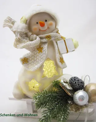 Produktbild von Poly-Schneemann mit LED und Geschenk, weiß/gold 15,5 x 10 x 20 cm
