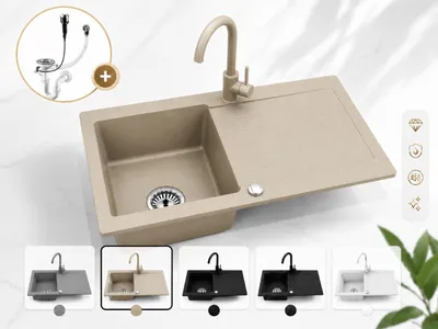 Produktbild von Faizee Home Granitspüle Beige 75 × 44 cm mit Armatur Beige – Einbauspüle mit Abtropffläche, reversibel, inkl. Siphon-Set