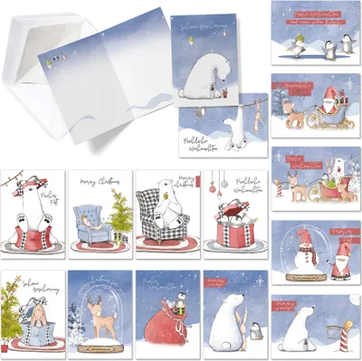 Produktbild von Weihnachtskarten mit Umschlag Set - 15 witzig schöne Klappkarten | Doppelkarten mit Briefumschlag "Tiere im Schnee" | Jede Karte individuell bedruckt auf hochwertig dicken Papier | Karten by TOBJA®