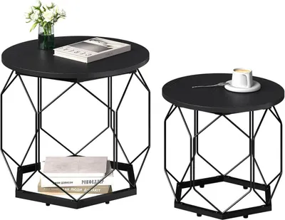 Produktbild von WOLTU Couchtisch 2er Set, mit runder Tischplatte, aus Holzwerkstoff Metall, Holzoptik, Schwarze Holzoptik