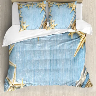 Produktbild von ABAKUHAUS Jahrgang Bettbezugs Set Für Doppelbetten, Maritime Strandmuschel, Milbensicher Allergiker geeignet mit Kissenbezügen, Babyblau Elfenbein