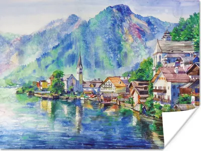 Produktbild von MuchoWow® Poster Gemälde - Ölfarbe - Haus - Berge - Wasser 120x90 cm - Wandbild