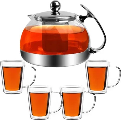 Image de Théière 1,2L avec filtre en acier inoxydable 4 verres à thé Service à thé 5 pièces Boissons chaudes froides
