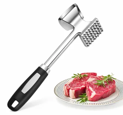 Fleischklopfer aus Edelstahl, doppelseitig, mit rutschfestem Griff, silber