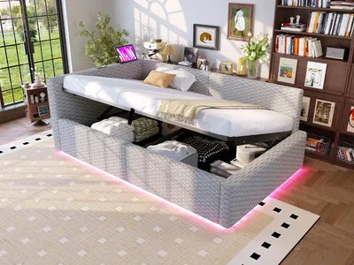 Produktbild von Polsterbett 90x200 cm mit LED, USB & L-förmiger Rückenlehne – Samt-Bettgestell in Grau, hydraulischem Stauraum, Einzelbett für Jugendliche, ohne Matratze