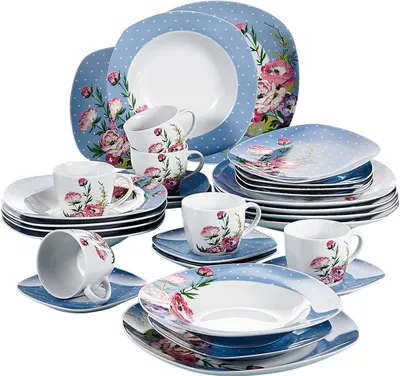 Zdjęcie produktu dla VEWEET 30-częściowy porcelanowy serwis obiadowy, seria "Hannah", serwis kombinowany dla 6 osób, niebieski z dekoracją kwiatową