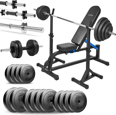Zdjęcie produktu dla Zestaw do ćwiczeń 100 kg z ławką regulowaną, stojakami, gryf prosty 180 cm, obciążenia 55 kg do ćwiczeń domowych