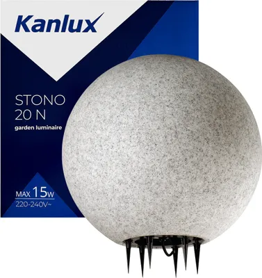 A garden luminaire with a stone-like sphere and black spikes at the base, presented with product information on a dark blue background.